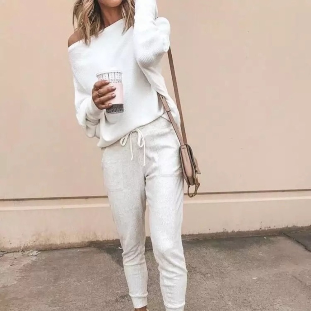 Women shoulder knit cozy casual tops sweater long sleeve shirt toppullover white